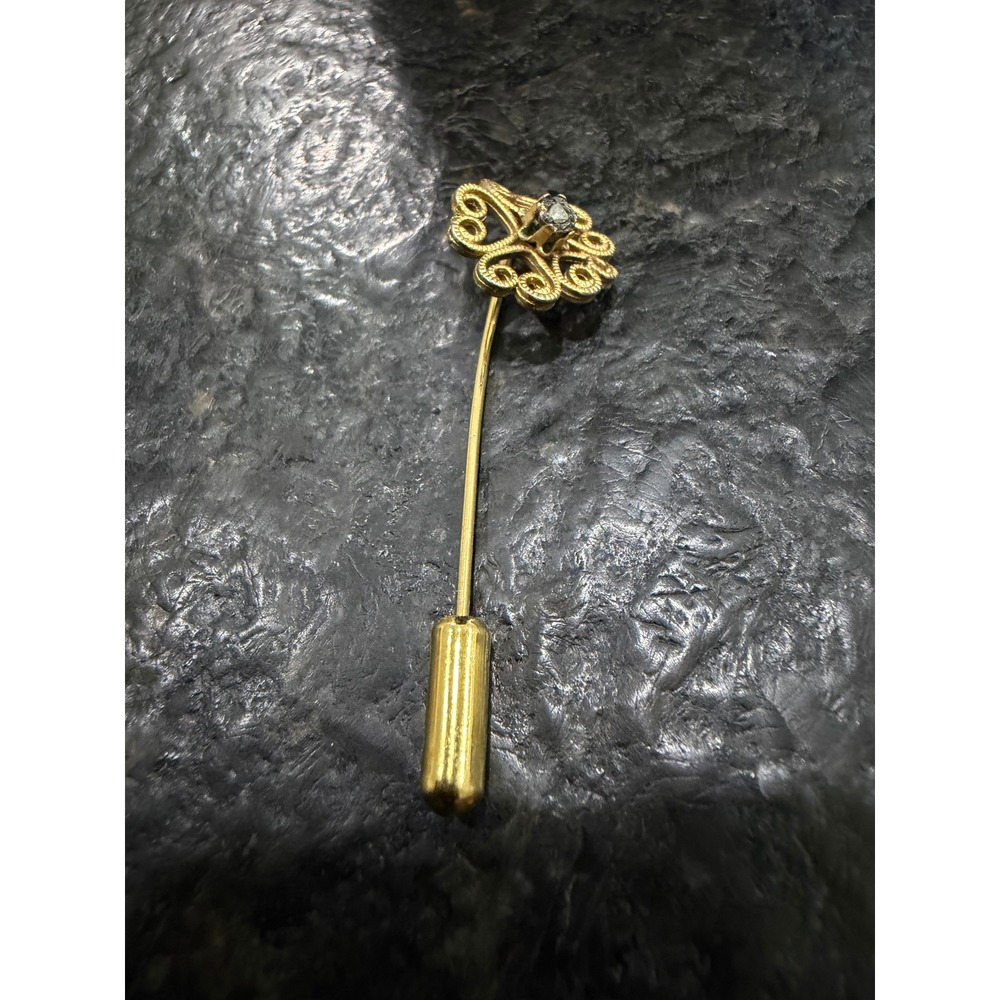 Vintage Gold Filigree Stick Pin Smoky Rhinestone Scroll Lapel Brooch 2 Inch